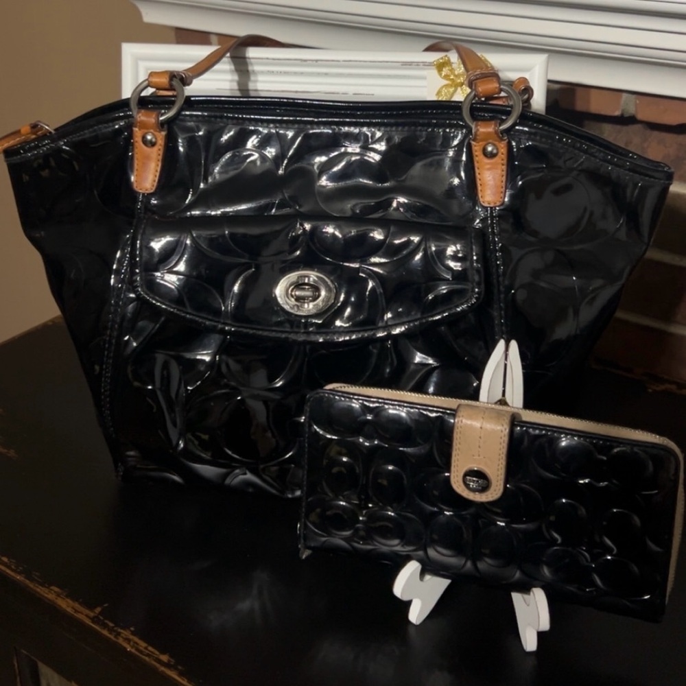 Coach Black Patent Tote with Brown Trim and Matching Wallet